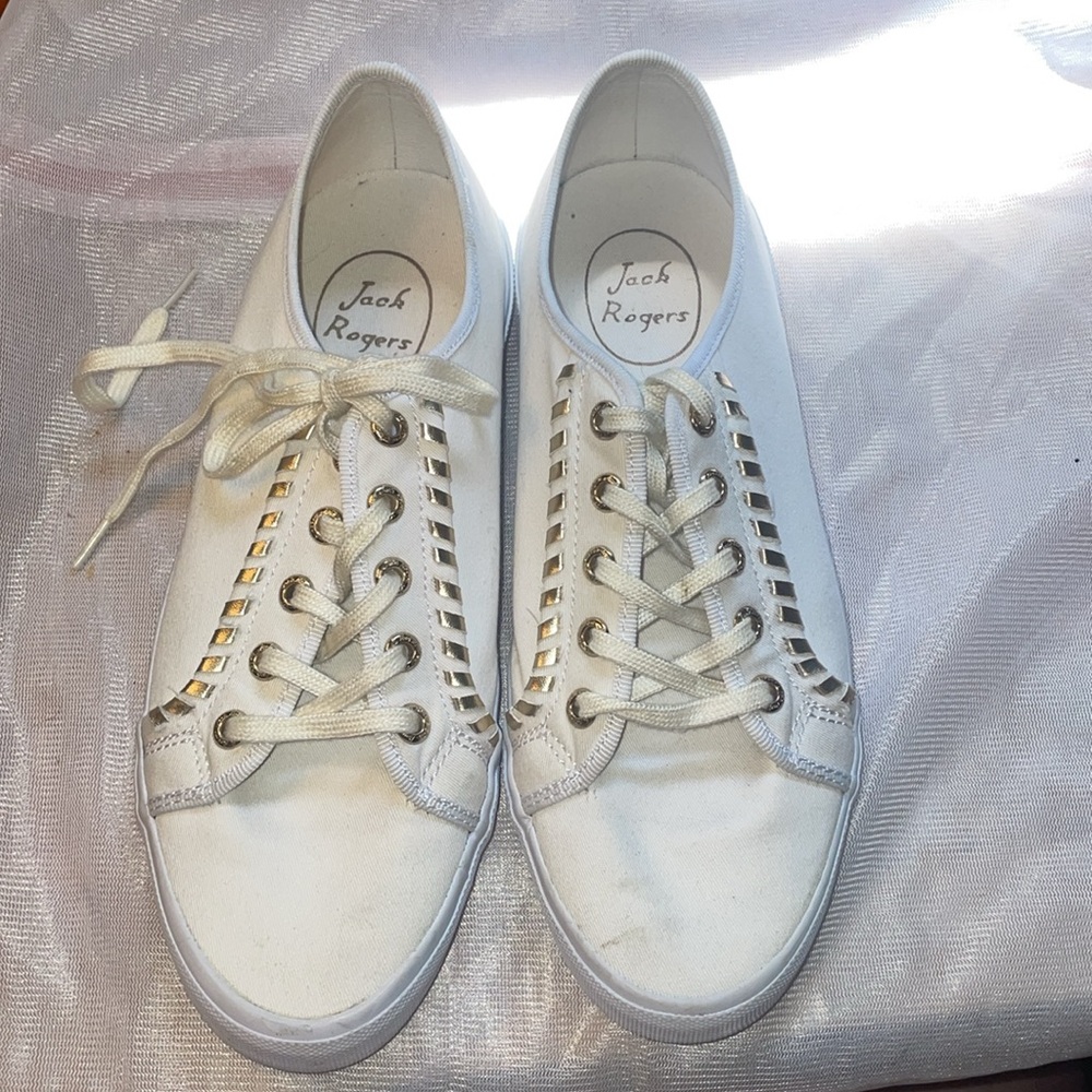Jack Rogers Carter cream sneakers gold whipstitch